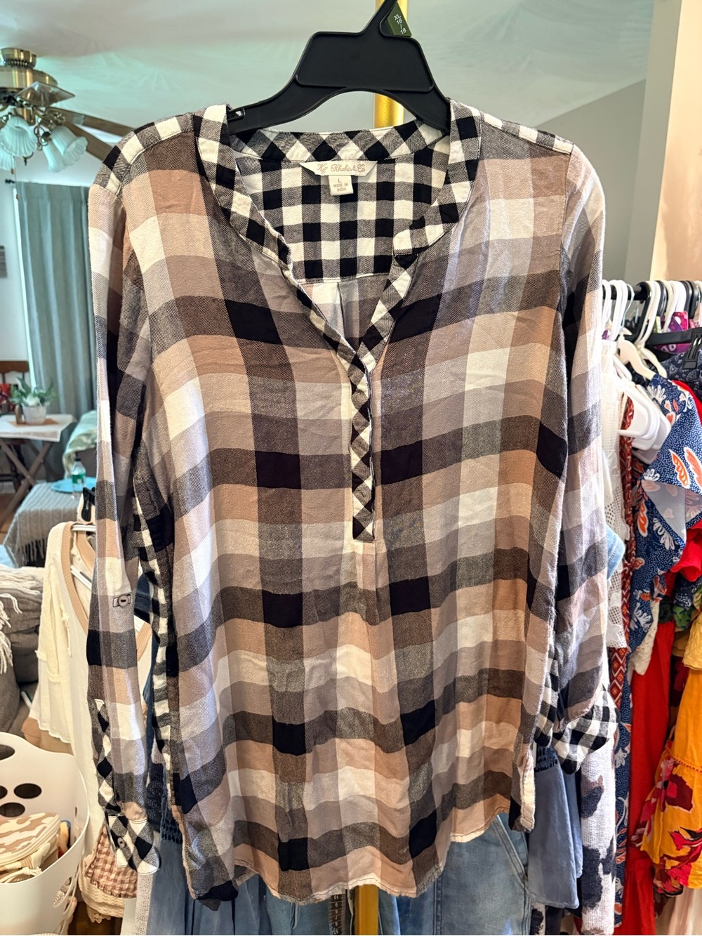 Plaid Popover Tunic in Black, Brown & Cream - Women's Tunic Top